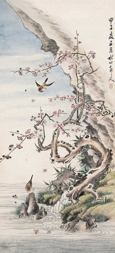 徐世昌 甲子（1924年）作 春溪雀噪 立轴